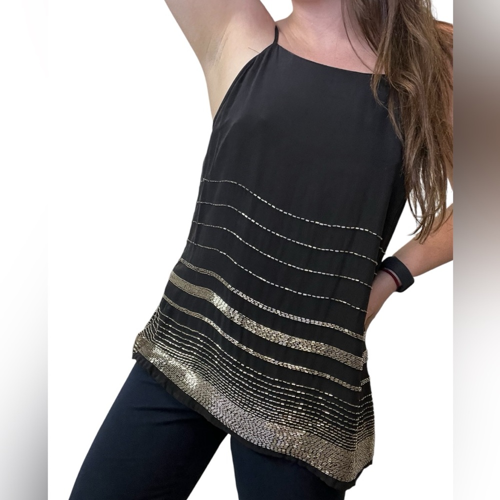 Rory Beca Black Silk Beaded Bodice Sheer Sleeveless Blouse Size Large